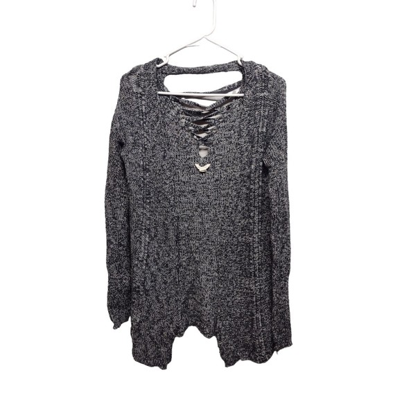 Aeropostale Cardigan Grey Black Open Front Criss Cross Back Long Sweater Small - Picture 1 of 15